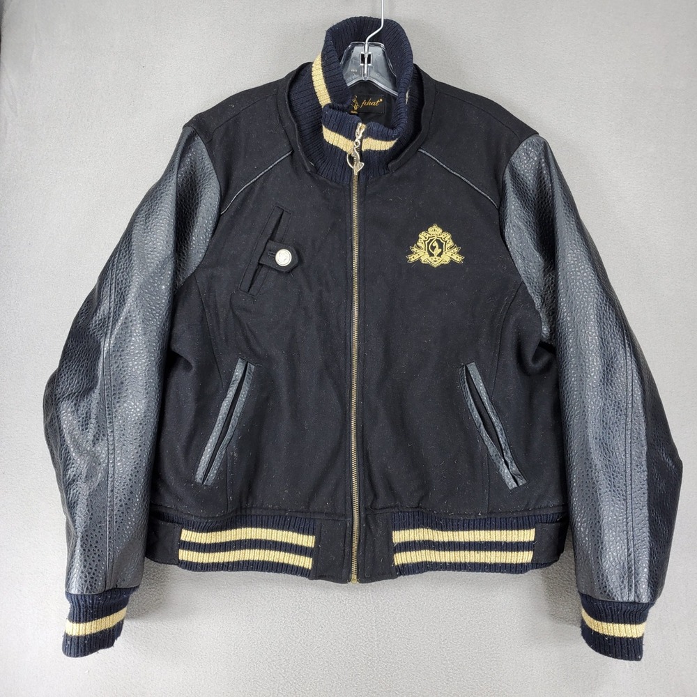 Baby Phat Varsity Jacket Women 2XL Black Gold Y2K Wool Faux Leather Bomber